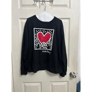 Keith Haring Black Crewneck Sweatshirt with Red Heart Graphic XL